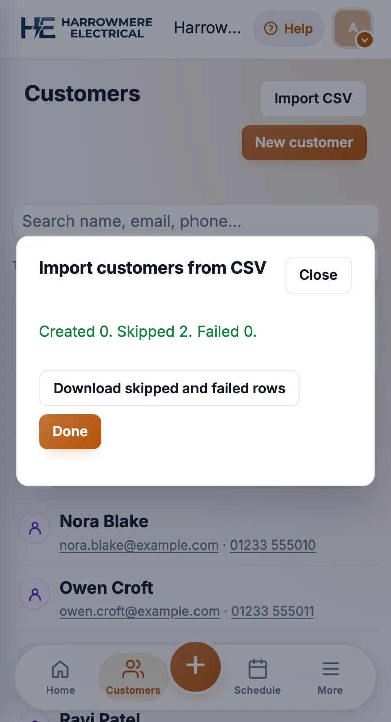 CSV import finished with Created and Skipped counts on a phone
