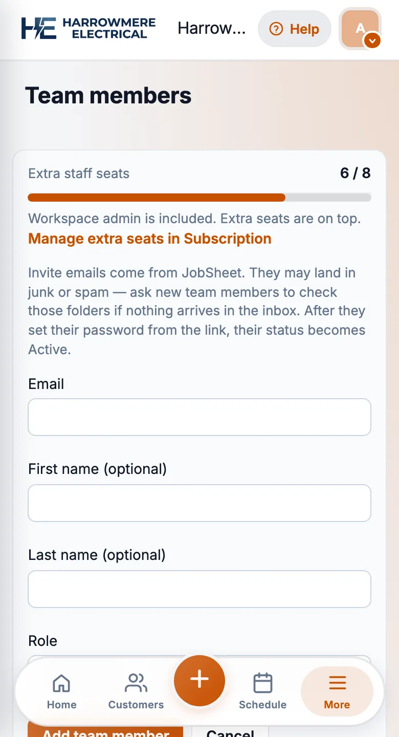 Add team member form on a phone