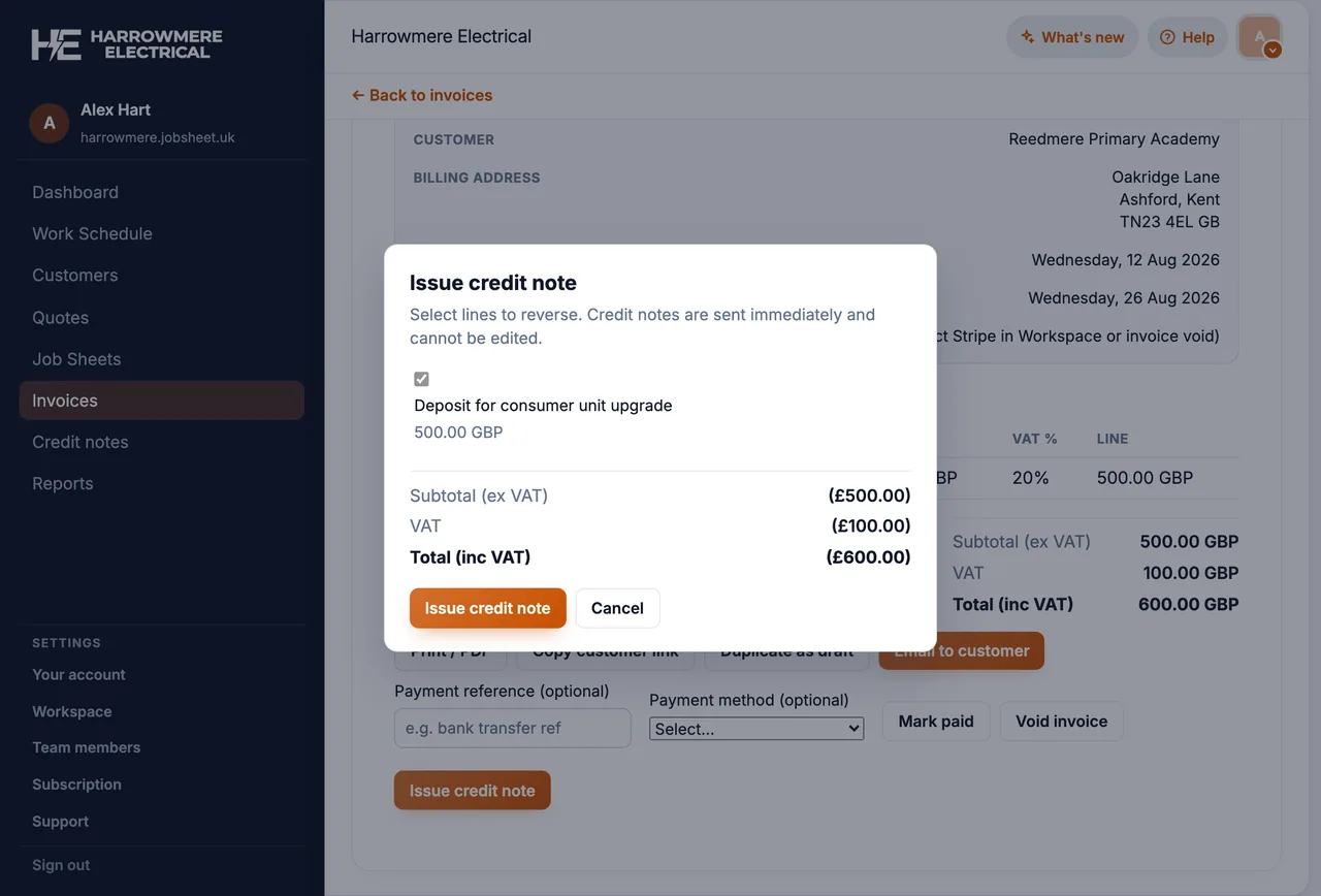 Issue credit note dialog on a computer