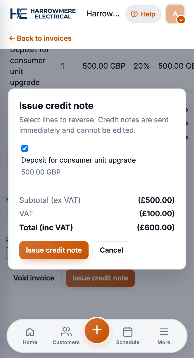 Issue credit note dialog on a phone