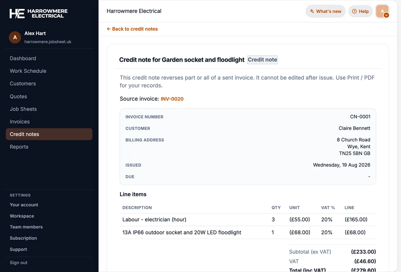 Credit note detail on a computer