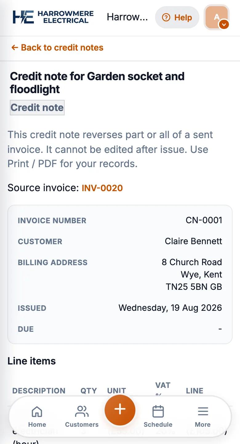 Credit note detail on a phone