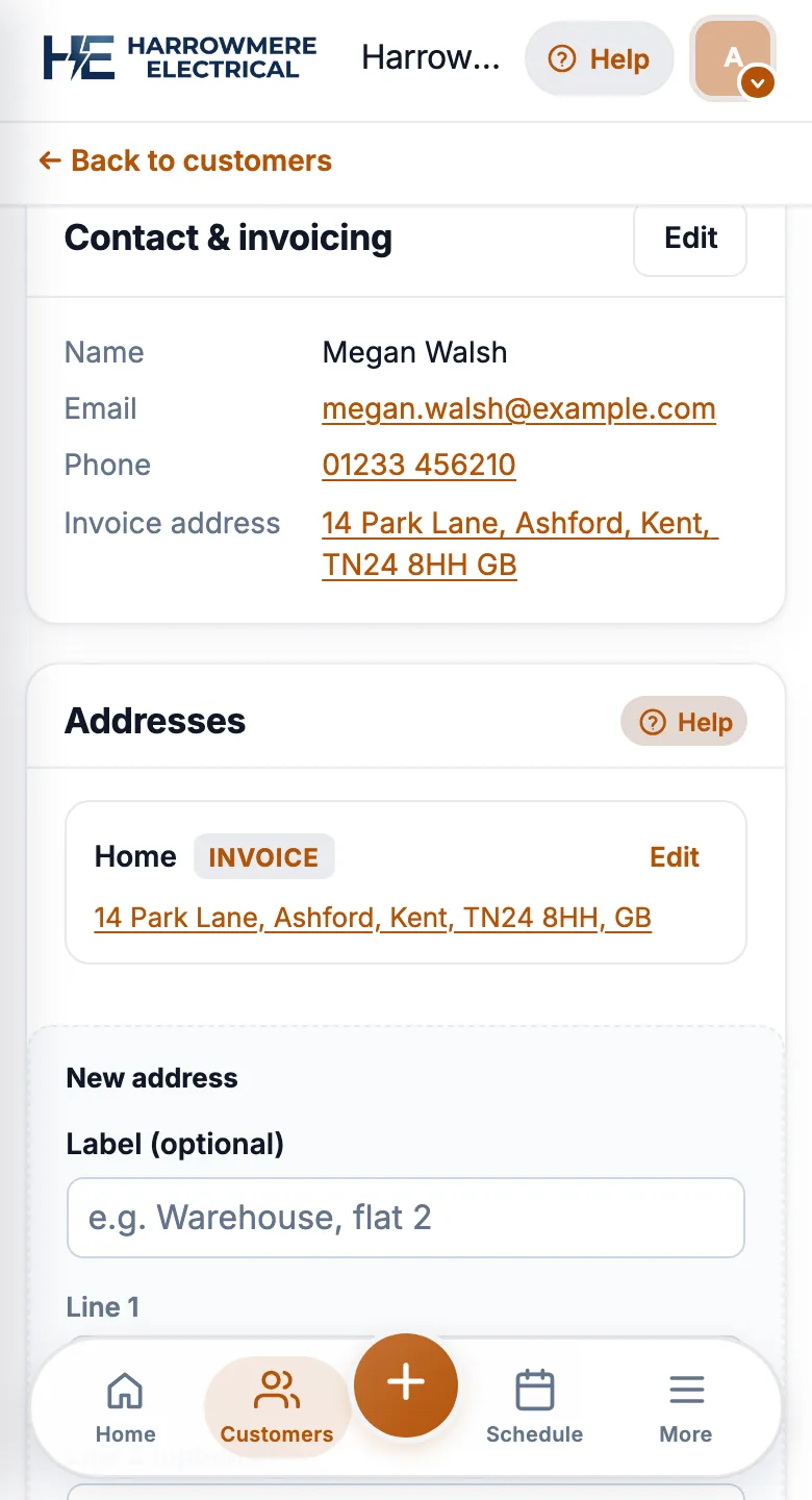 Add address form with Label and Line 1 on a phone