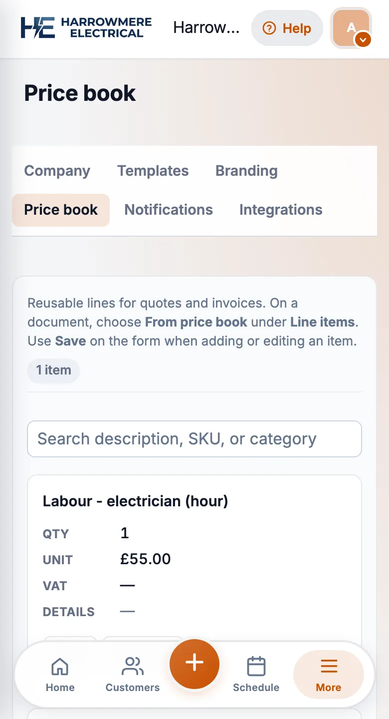 Workspace Price book section on a phone