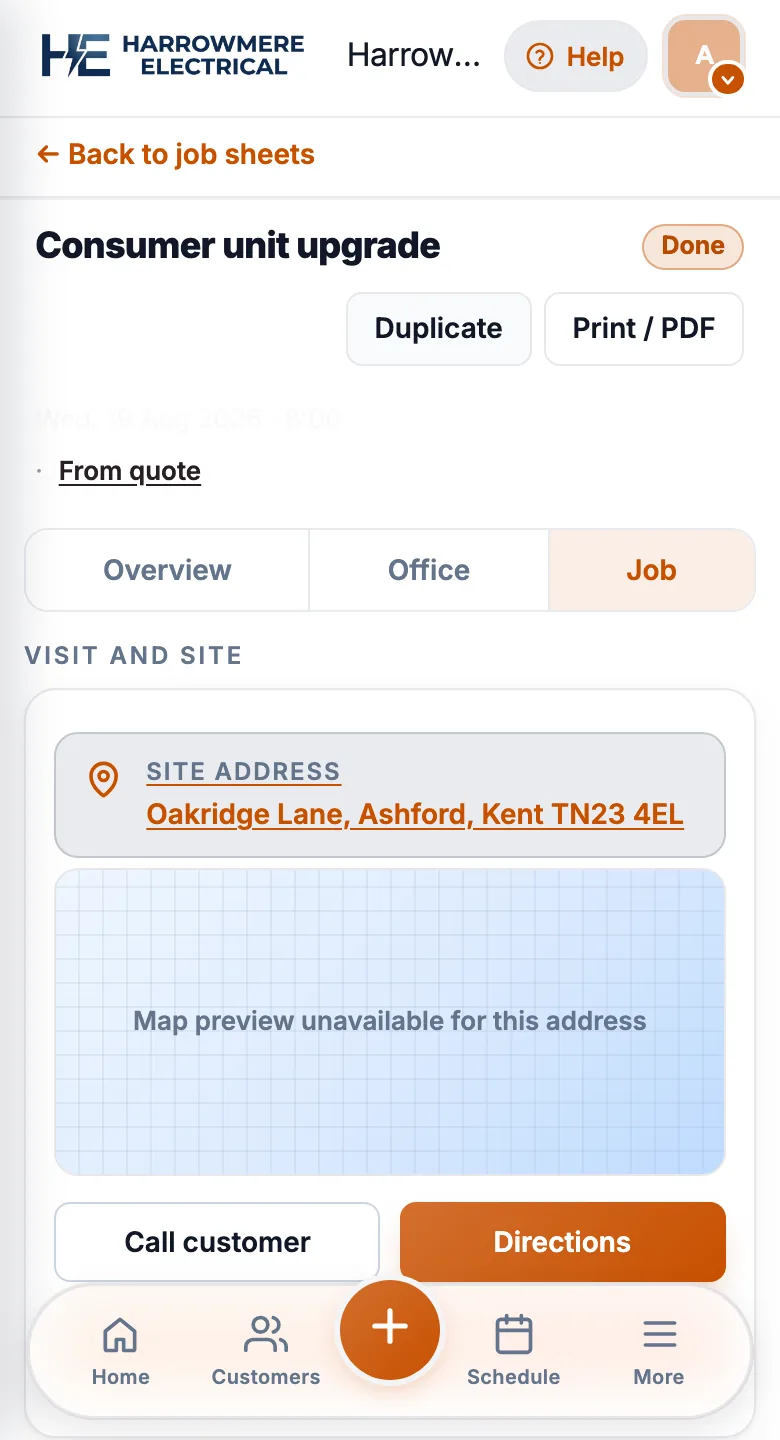 Job sheet on a phone with the bottom tab bar