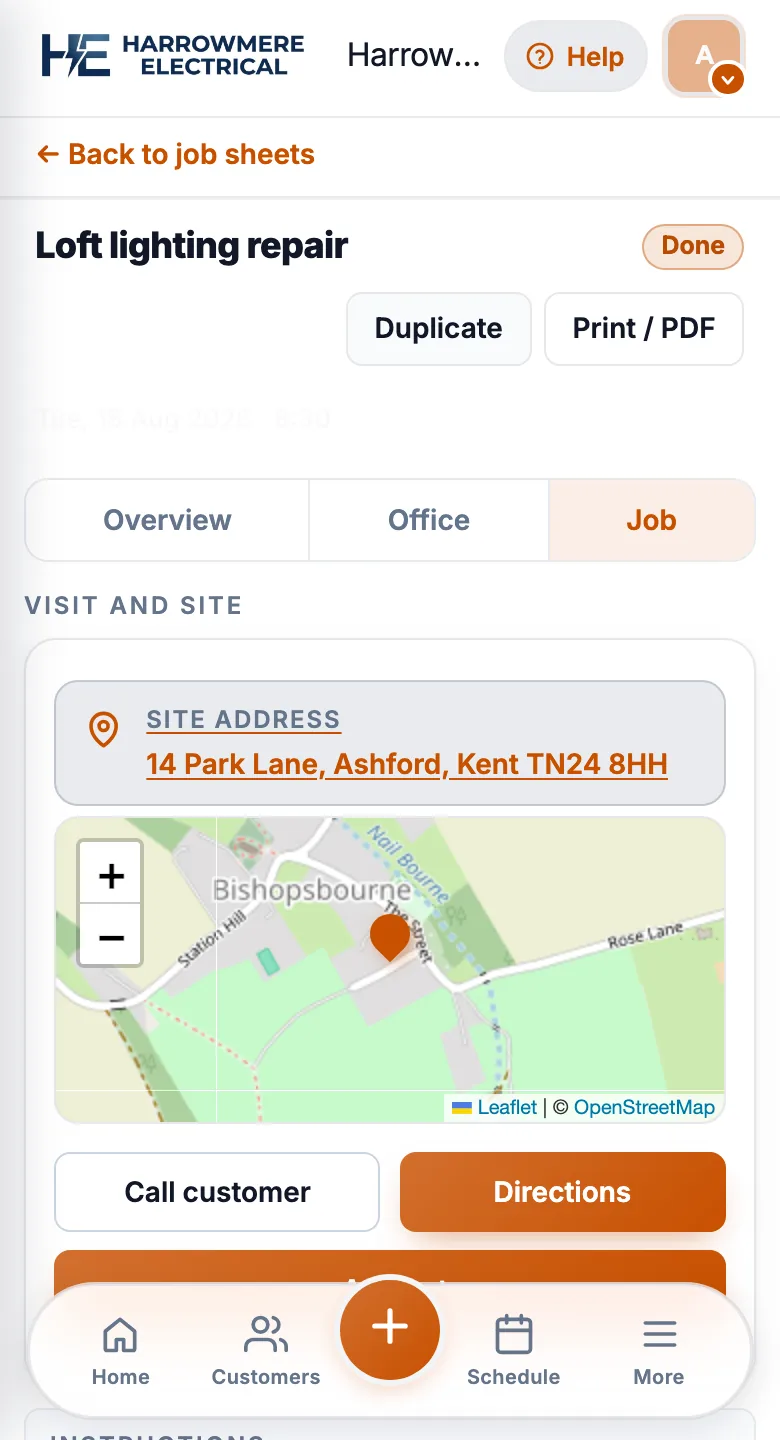Job tab with Finished status on a phone