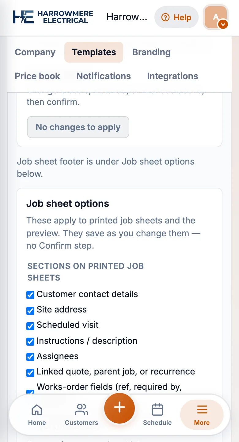 Workspace Templates job sheet options on a phone