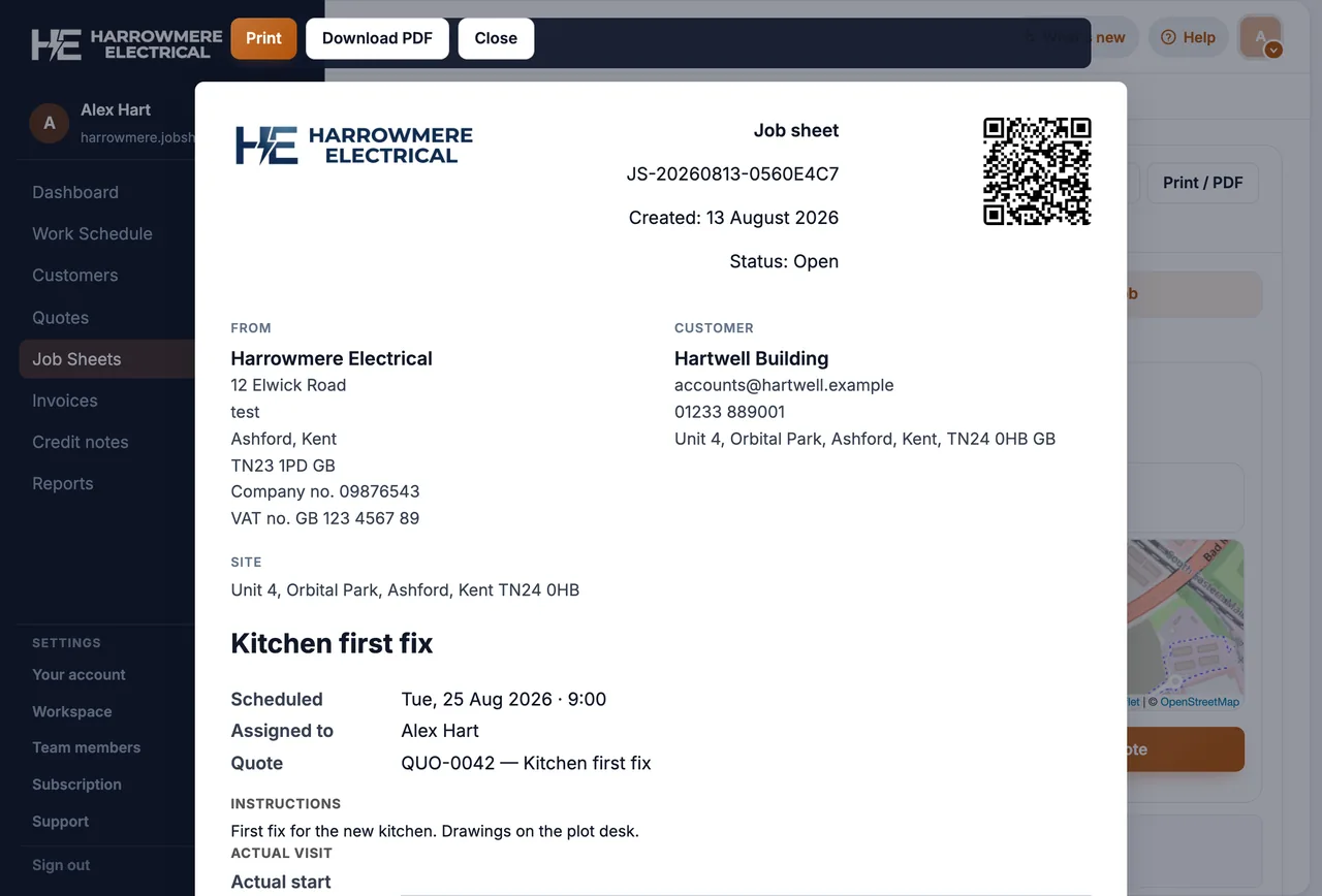 Job sheet Print / PDF preview with QR code on a computer