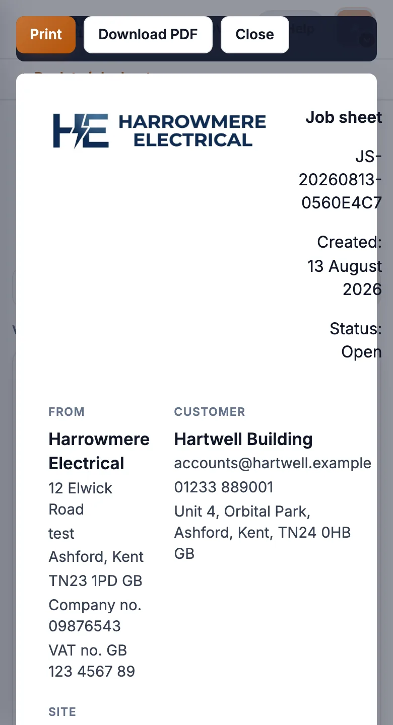 Job sheet Print / PDF preview on a phone