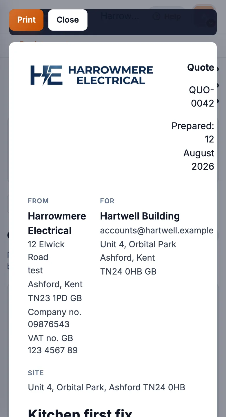 Quote Print / PDF preview on a phone
