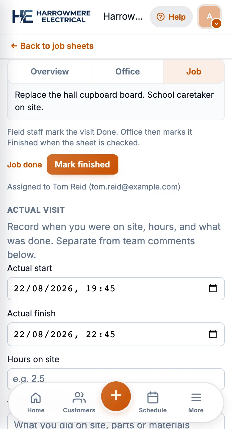 Actual visit section on the Job tab on a phone