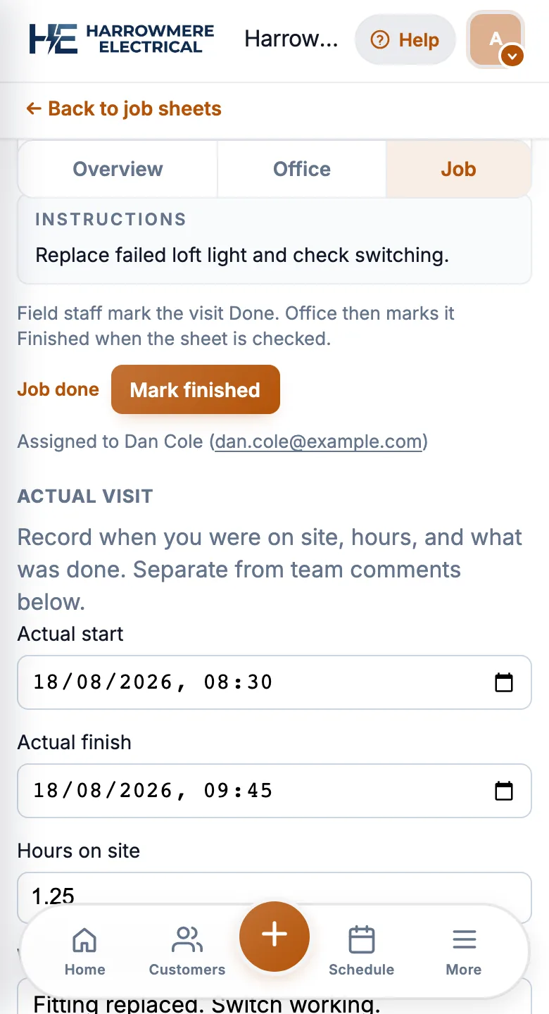 Actual visit with start and finish times on a phone