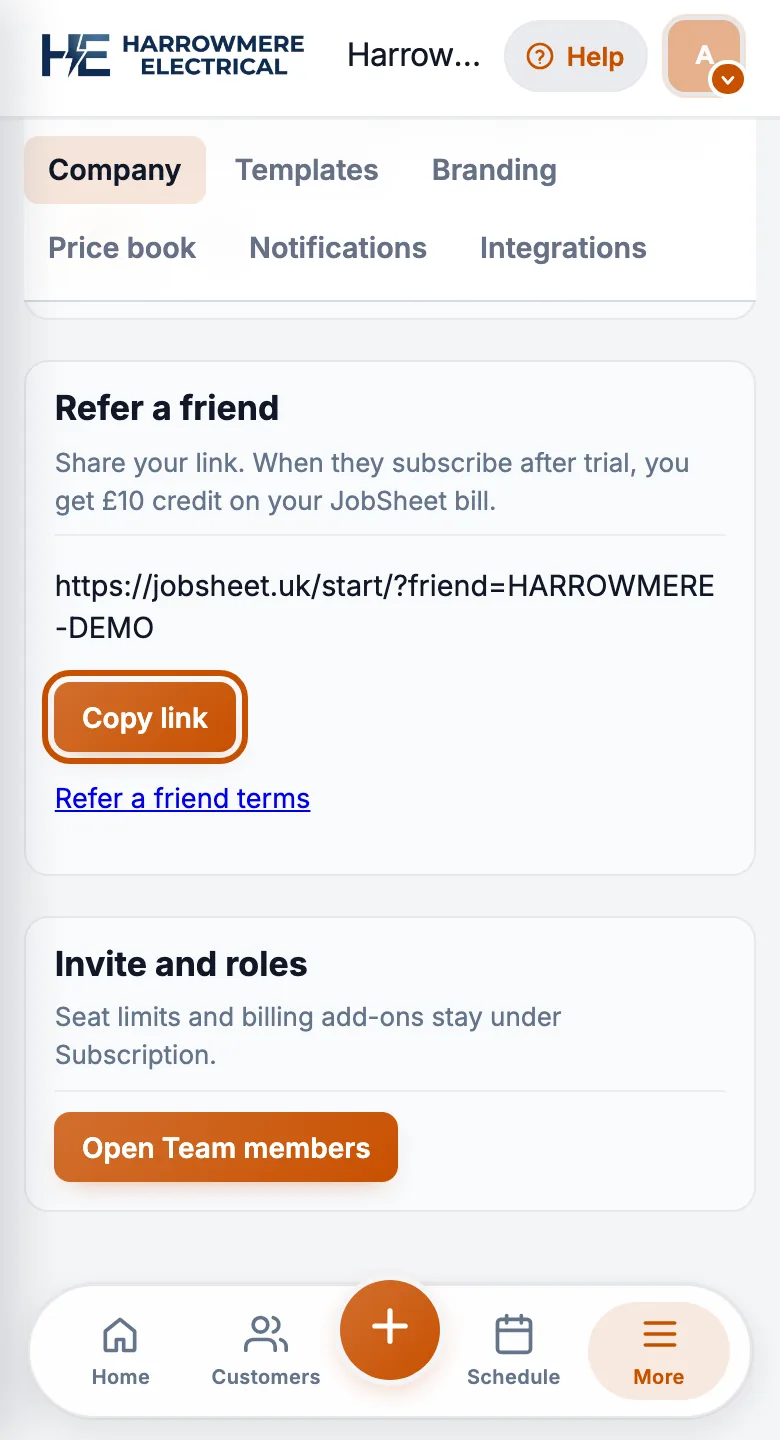 Refer a friend Copy link on a phone
