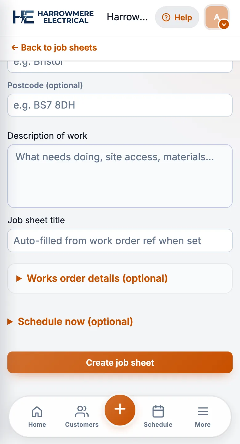 Works order intake on a phone