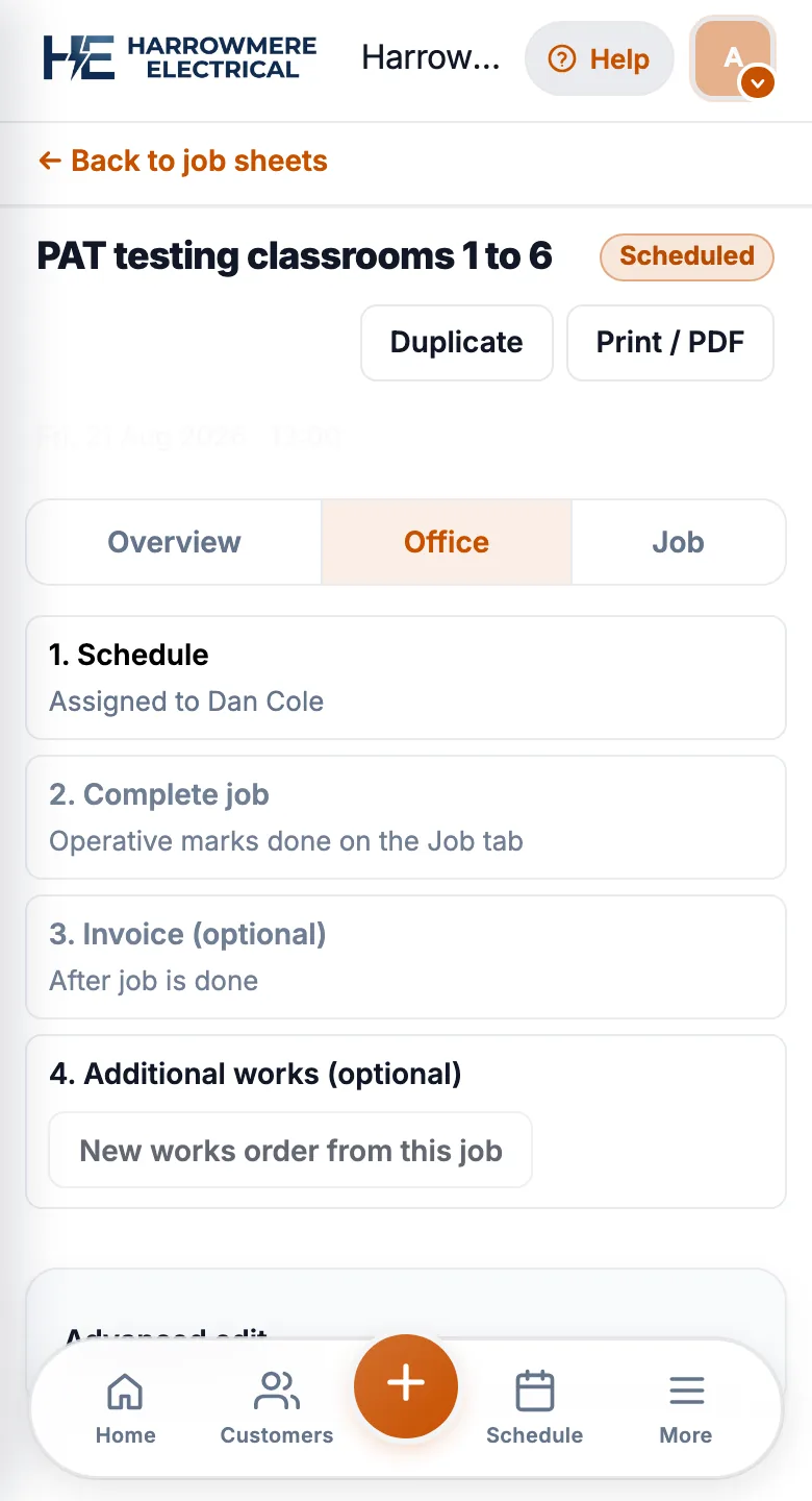 Works order office workflow on a phone