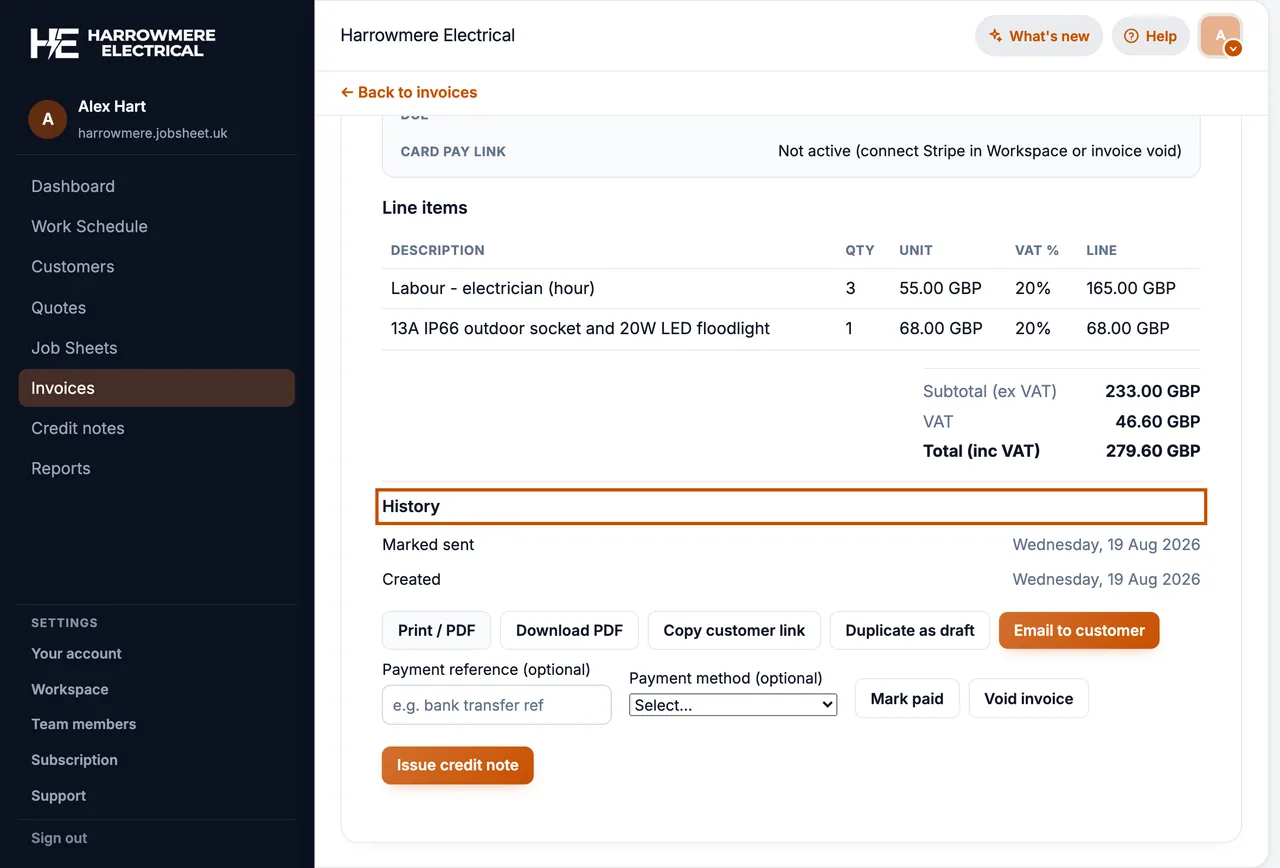 Invoice History with email opened on a computer
