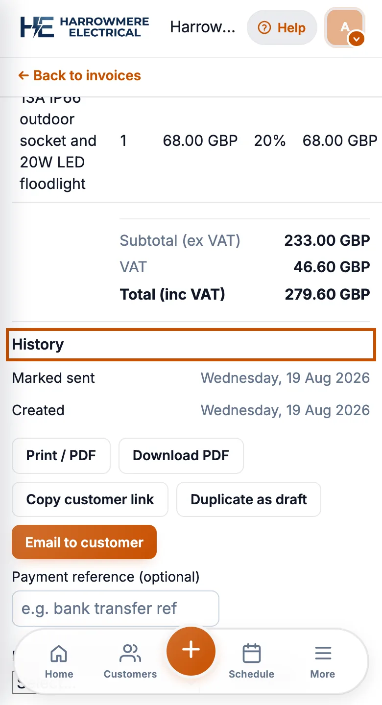 Invoice History with email opened on a phone