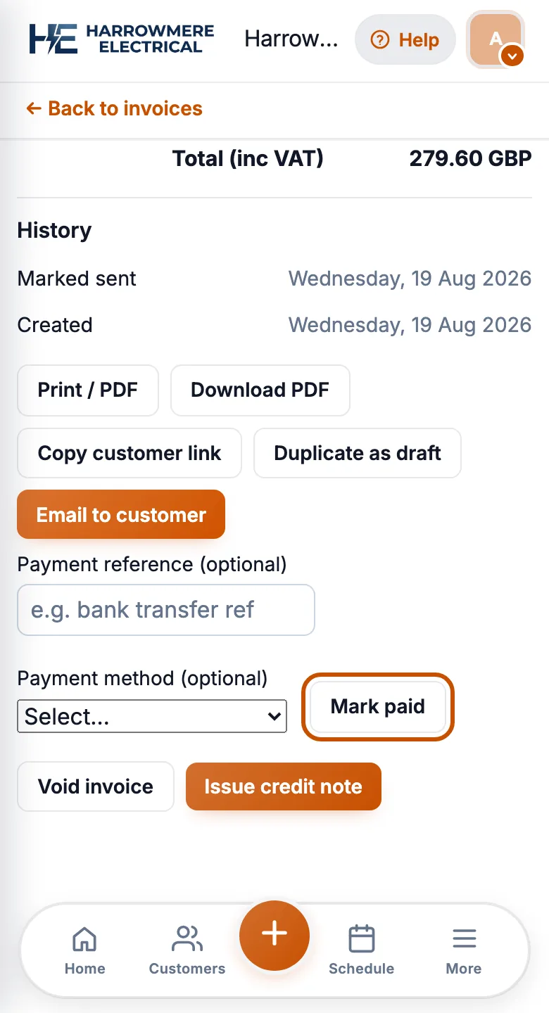 Mark paid on a sent invoice on a phone