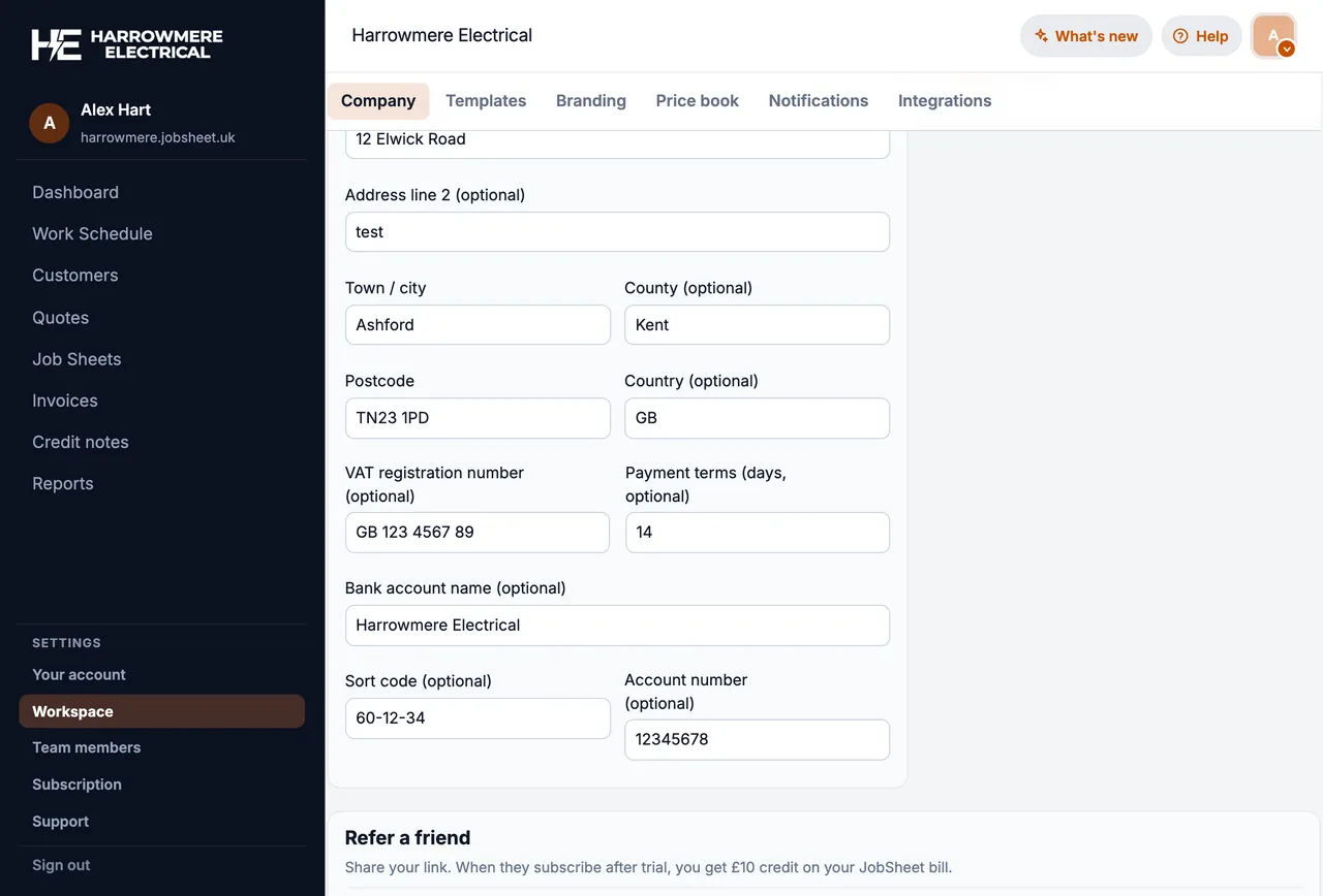 Workspace Company details with bank and payment terms on a computer