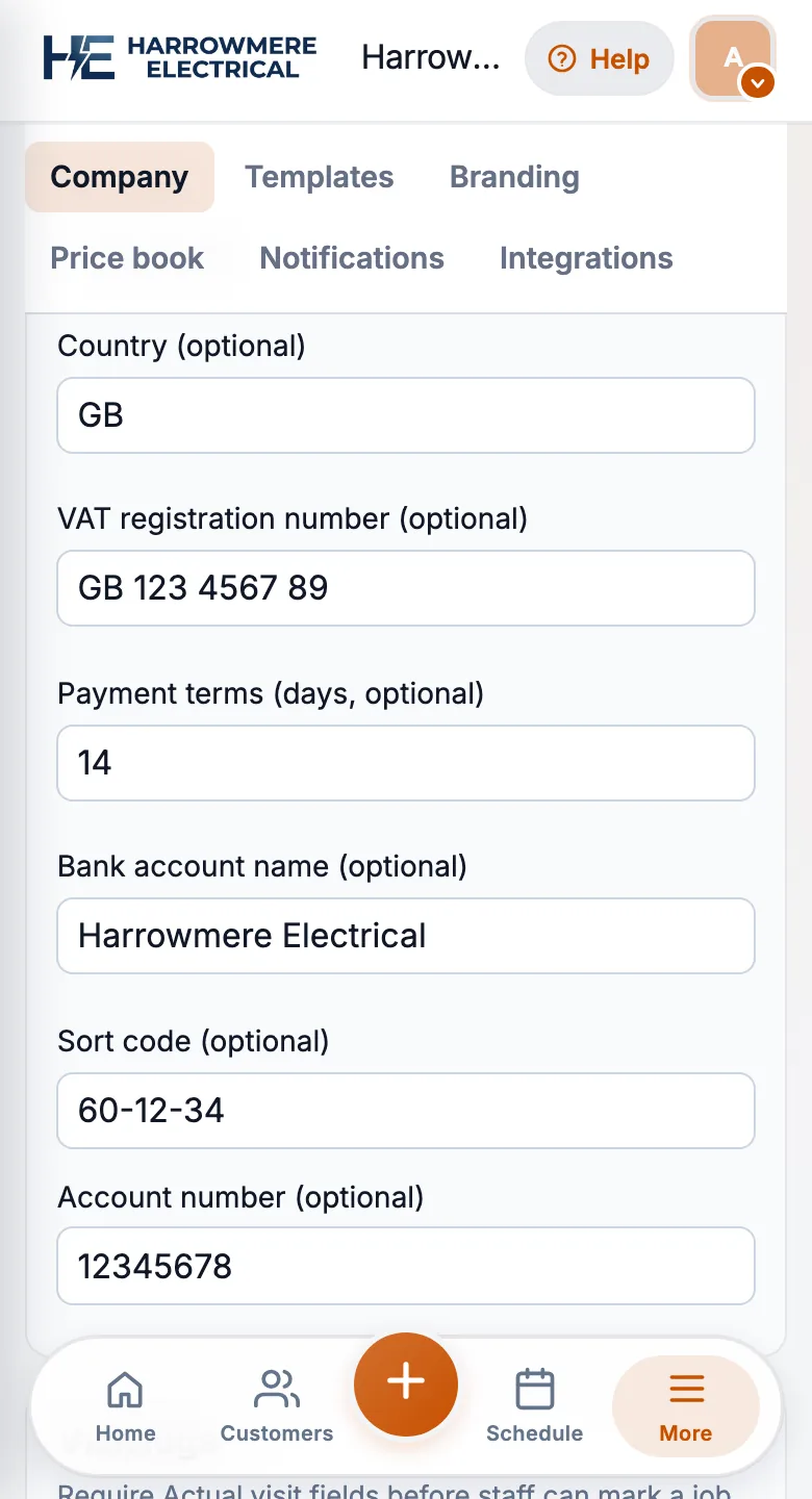 Workspace Company details with bank and payment terms on a phone
