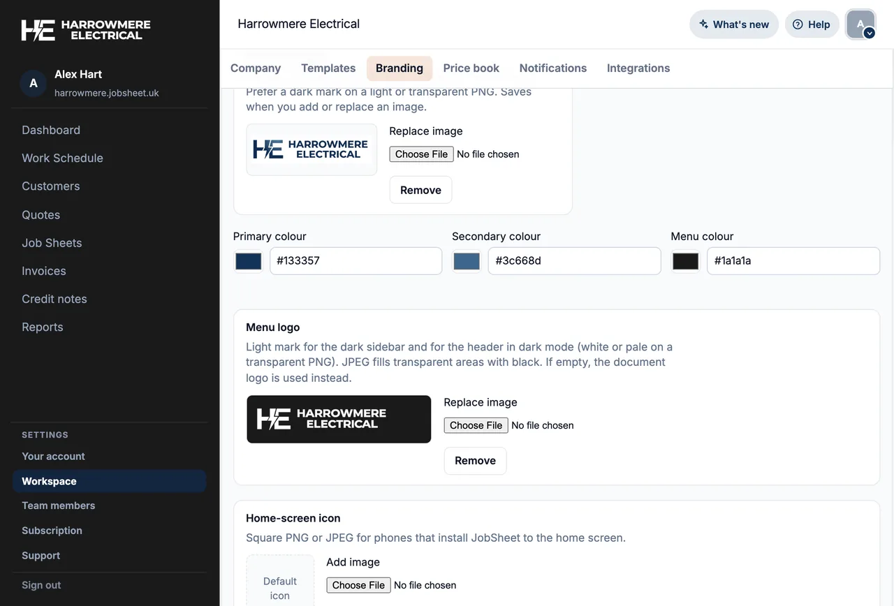 Workspace branding colour pickers, logo, and home-screen icon