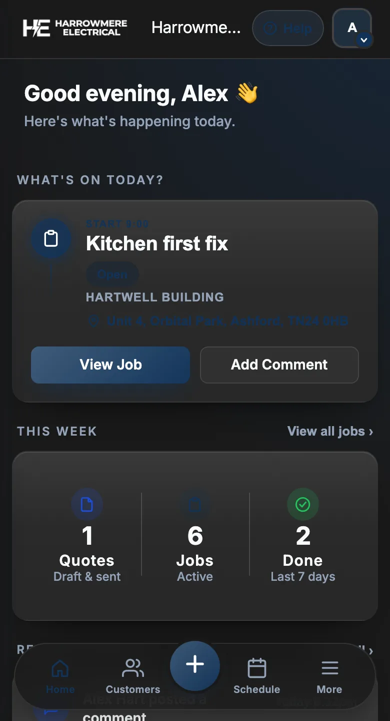Branded Dashboard in dark mode on a phone