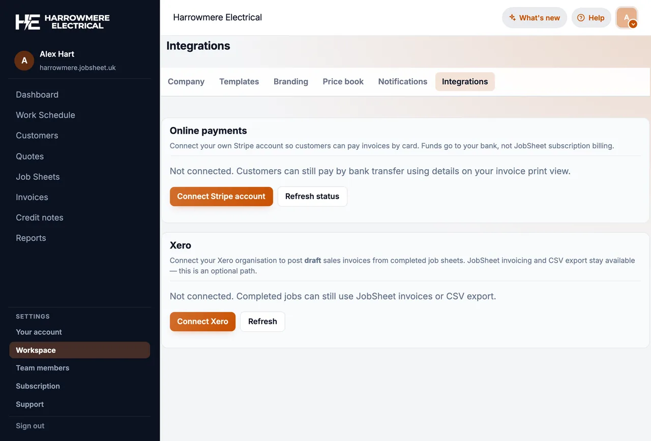 Workspace Online payments panel on a computer
