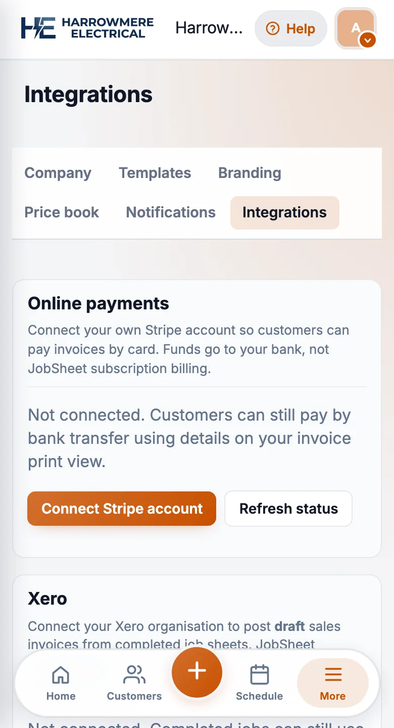 Workspace Online payments panel on a phone