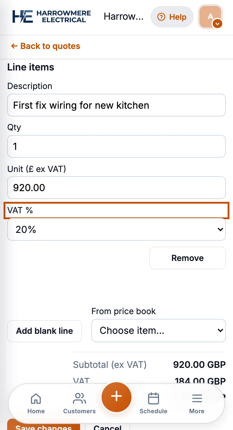 Quote line VAT % column on a phone