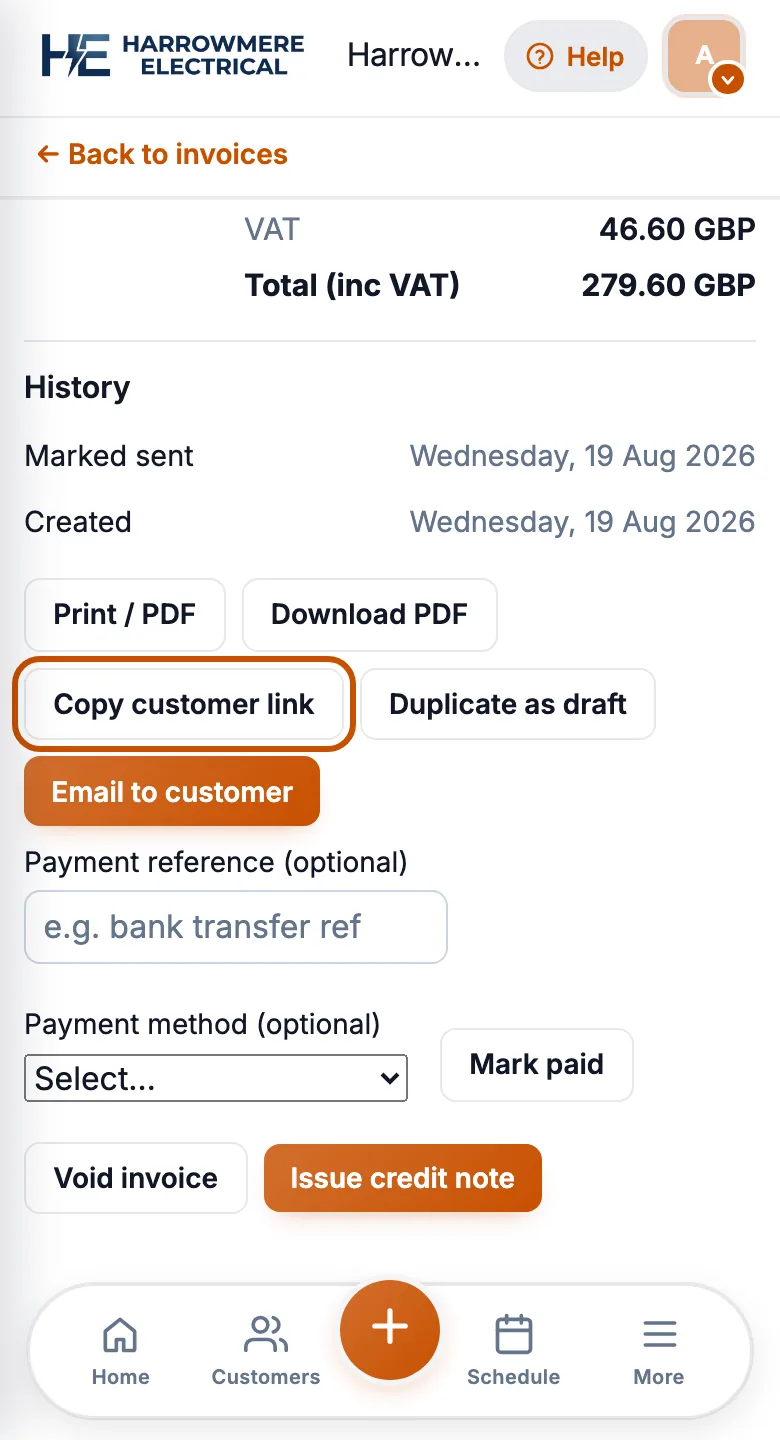 Copy customer link on an invoice on a phone