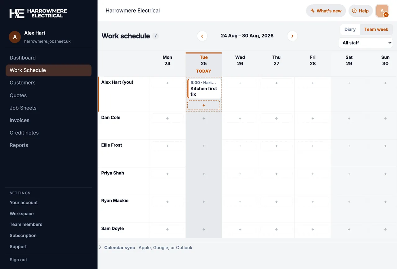 Calendar sync row on Work Schedule on a computer