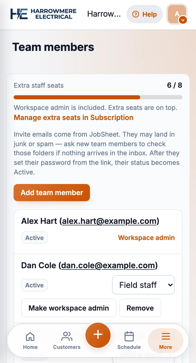 Make workspace admin on Team members on a phone