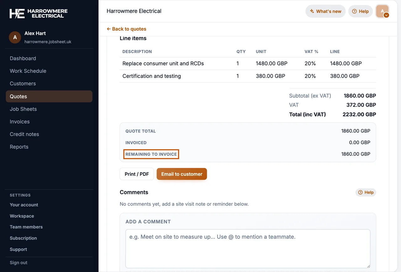 Quote workflow invoice step on a computer