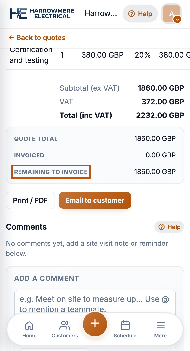 Quote workflow invoice step on a phone