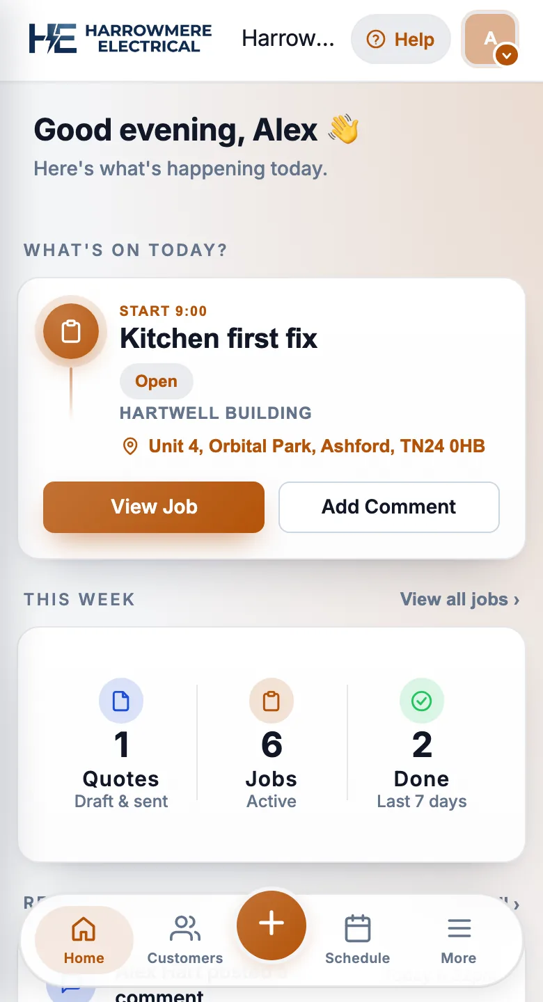 JobSheet Dashboard home on a phone with the bottom menu