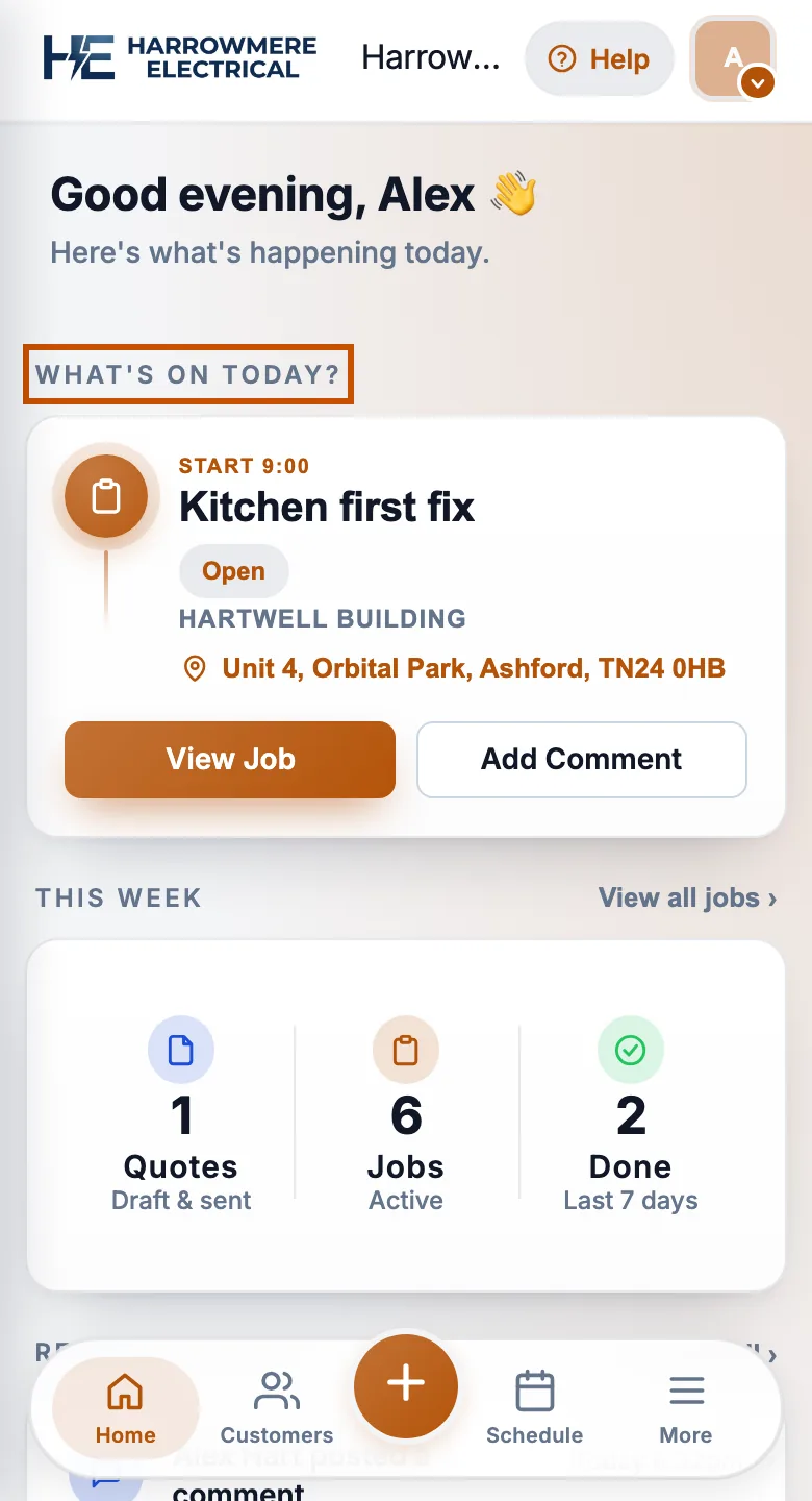 What's on today timeline with job cards on a phone