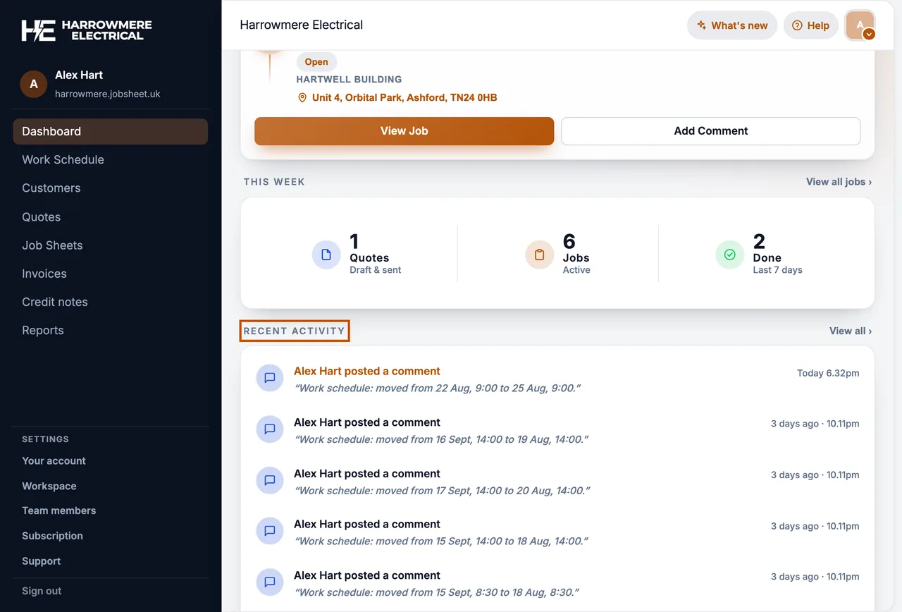 Recent activity feed on the Dashboard on a computer