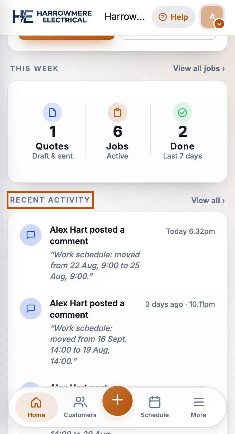 Recent activity feed on the Dashboard on a phone