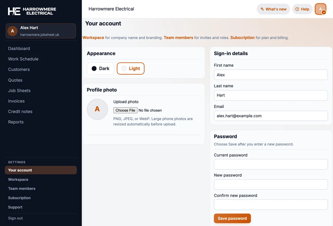 Your account Appearance Light and Dark on a computer