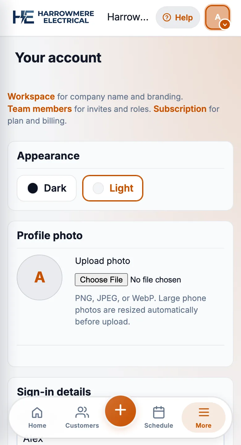 Your account Appearance Light and Dark on a phone