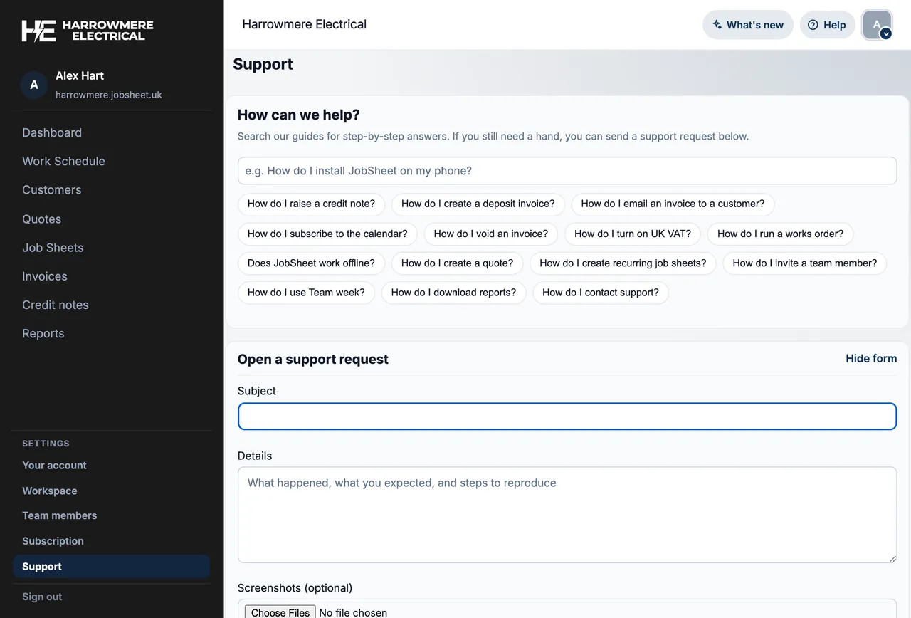 Open a support request on a computer