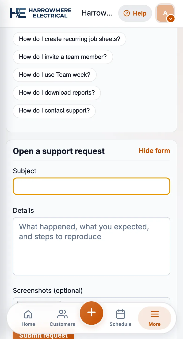 Open a support request on a phone
