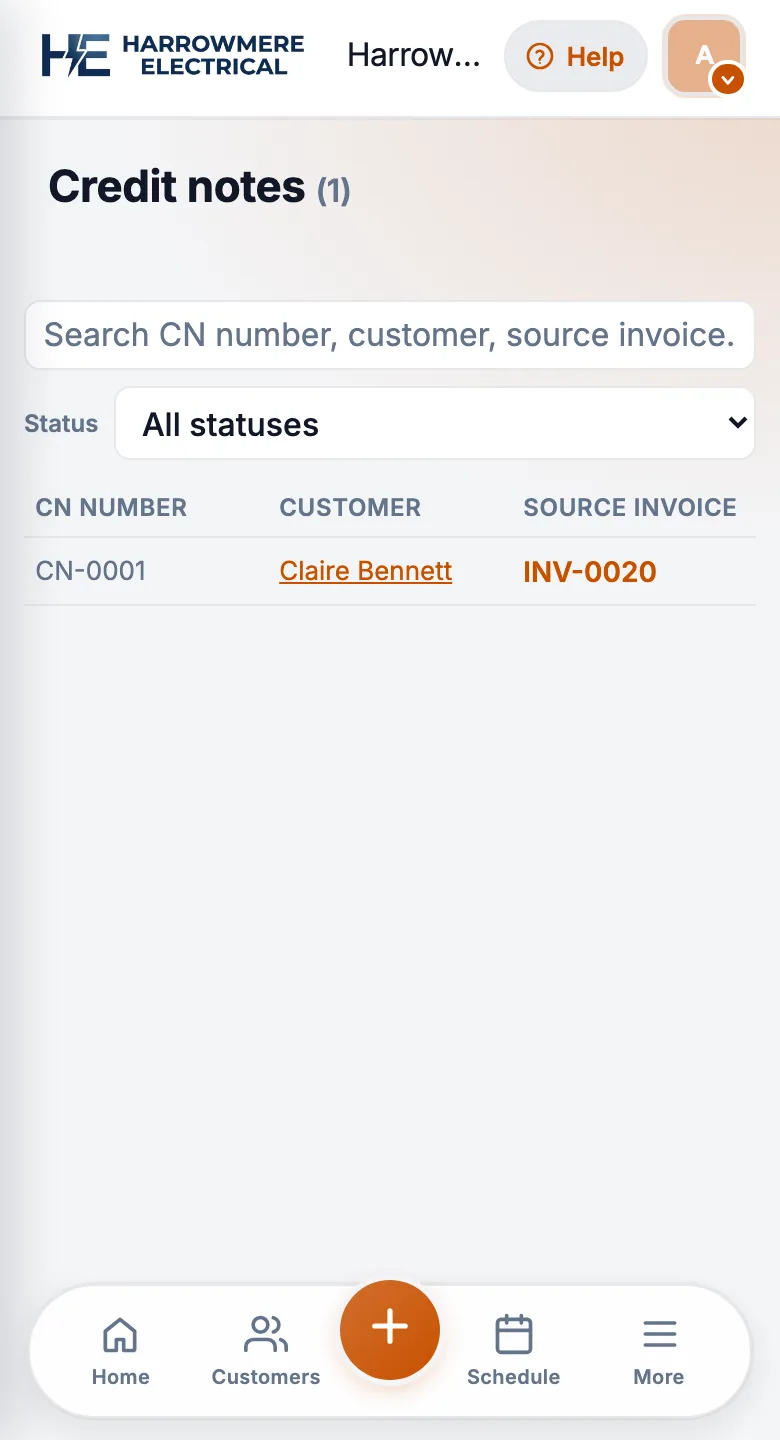 Credit notes list on a phone