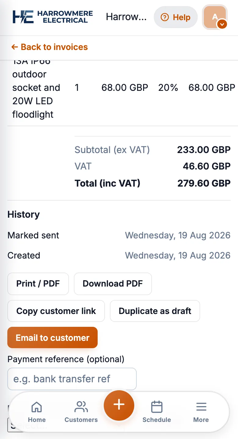 Invoice History section on a phone