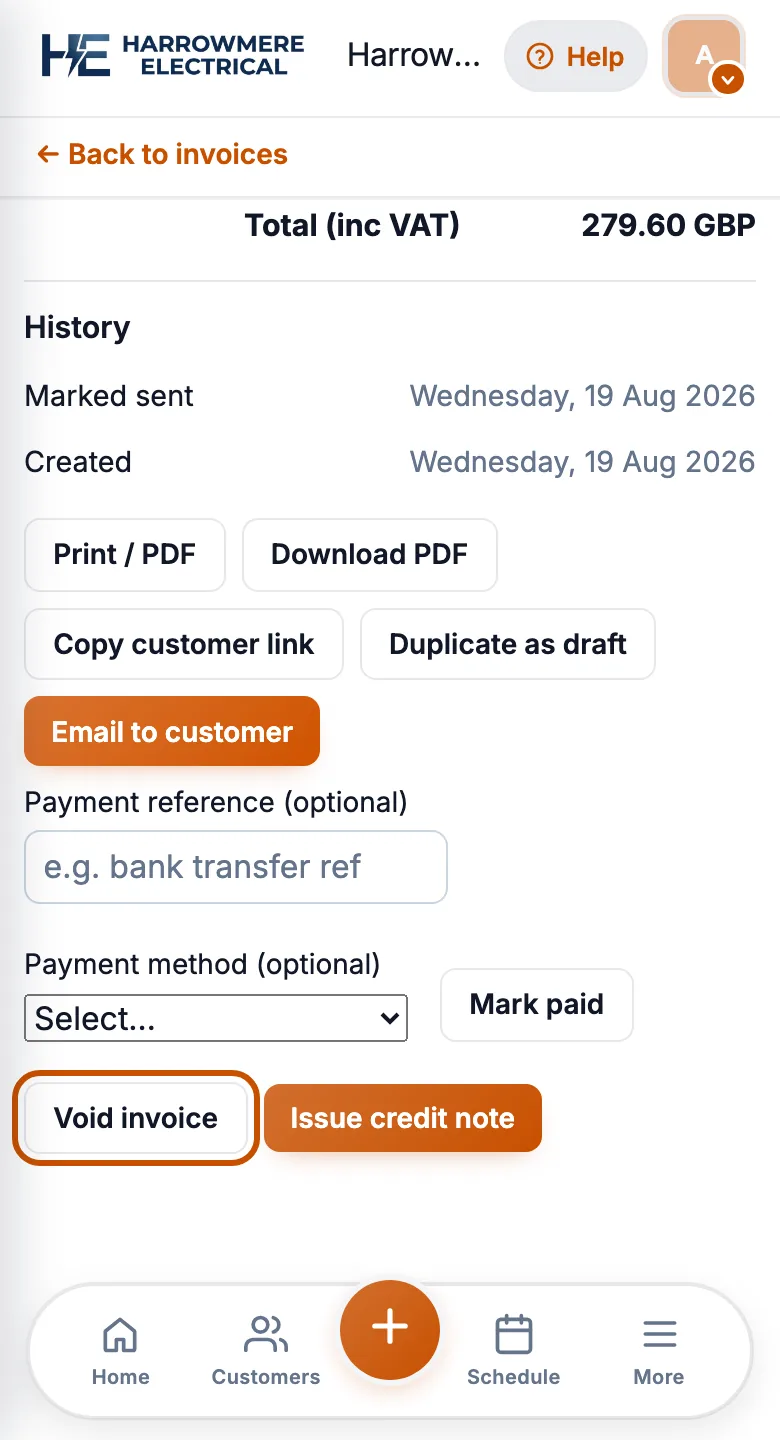 Invoice with Void invoice on a phone