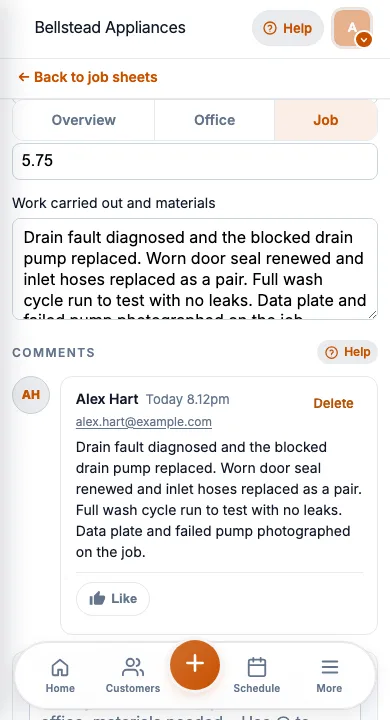 JobSheet mobile job notes and notes for a washing machine repair