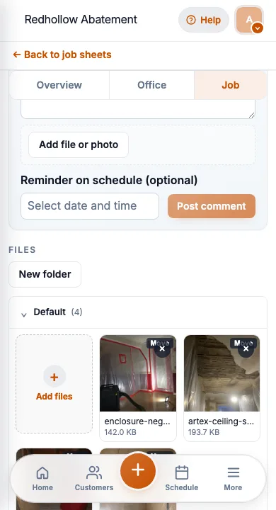 JobSheet mobile job photos and notes for a ceiling enclosure strip