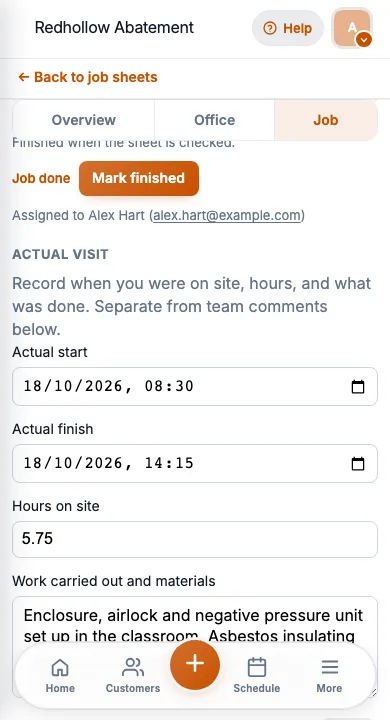 JobSheet mobile work carried out notes after a ceiling enclosure strip