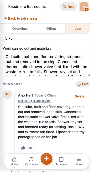JobSheet mobile job notes and notes for a bathroom suite first fix