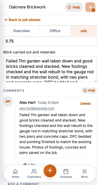 JobSheet mobile job notes and notes for a garden wall rebuild